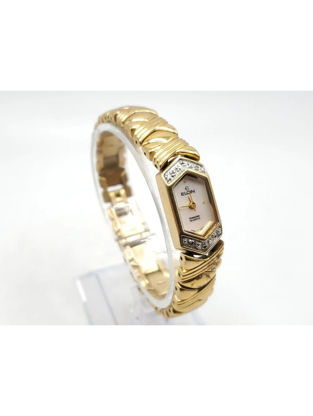 Vintage Elgin Diamond Quartz Watch Womens Untested For Parts Or Repair MOP 12mm